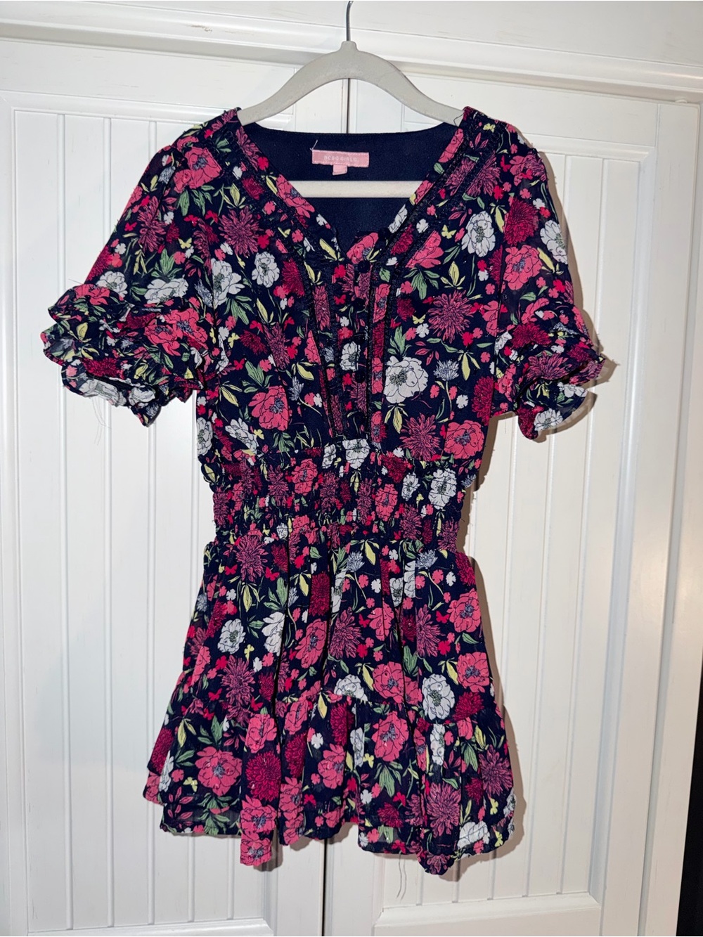 BCBGirls Navy Floral Smock Dress with Pink & White Blossoms